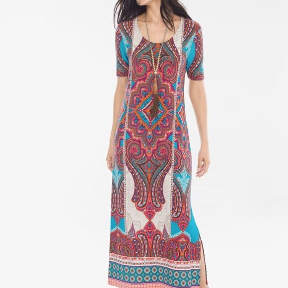 Chicos Dress Womens 0 US Small Multicolor Medallion Midi Shift Stretch Boho Knit - Picture 1 of 10